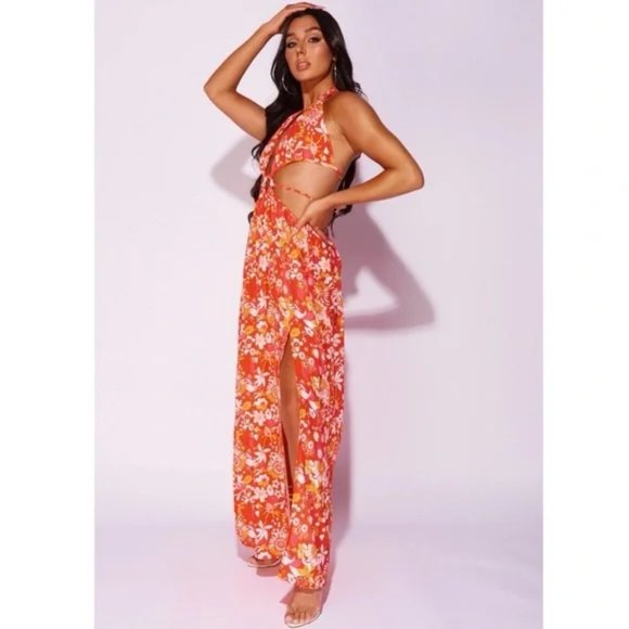 Floral Print Sleeveless V-Neck Halter Neck Backless Front Slit Cutout Maxi Dress - Picture 12 of 14